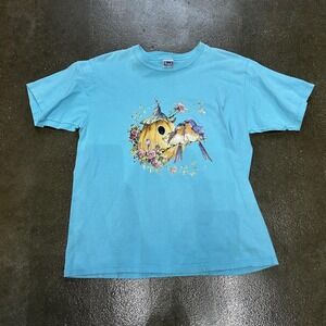 Disney Pooh Shirt Womens XL Blue Birdhouse Bluebird Nature Graphic Tee